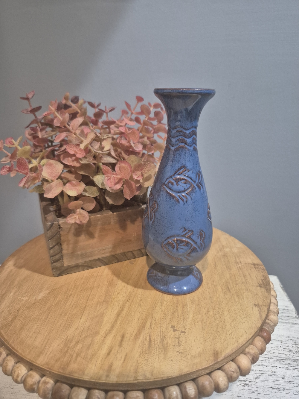 Blue Ceramic Vase with Fish Motif From Barbados